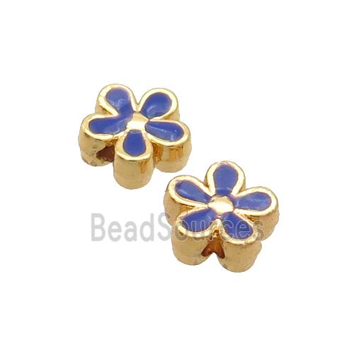 Copper Flower Beads Blue Enamel Gold Plated