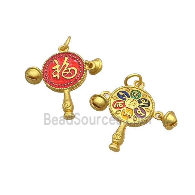 Copper Pendant Enamel Chinese Bell Gold Plated