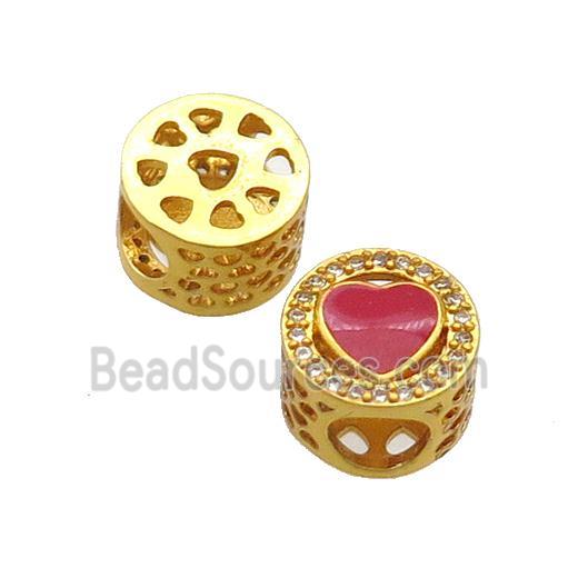 Copper Butter Beads Pave Zircon Red Enamel Heart Large Hole Gold Plated