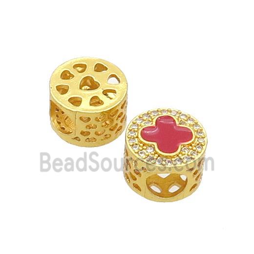 Copper Butter Beads Pave Zircon Red Enamel Cross Large Hole Gold Plated