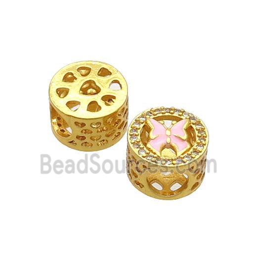 Copper Butter Beads Pave Zircon Pink Enamel Butterfly Large Hole Gold Plated