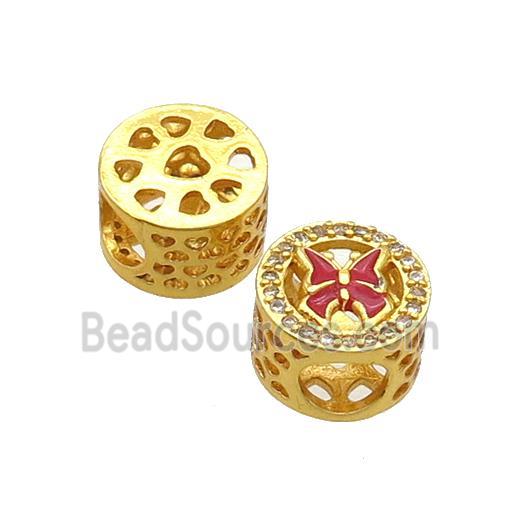 Copper Butter Beads Pave Zircon Red Enamel Butterfly Large Hole Gold Plated