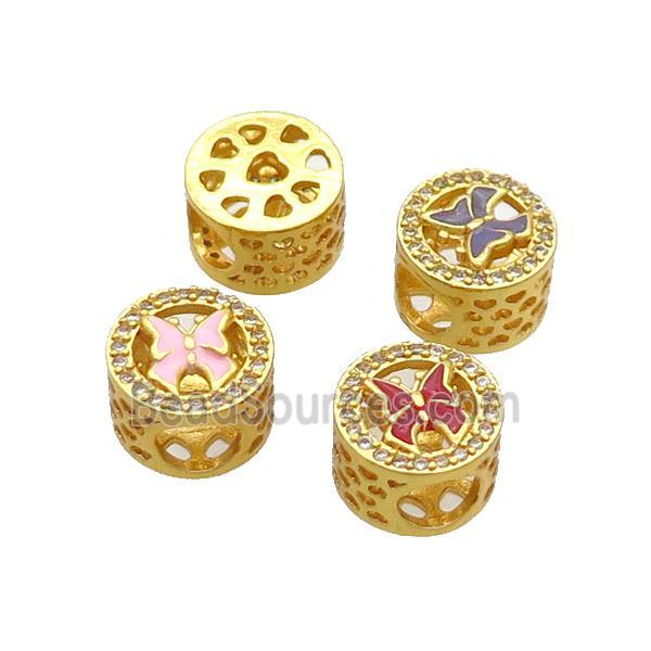 Copper Butter Beads Pave Zircon Mix Enamel Butterfly Large Hole Gold Plated