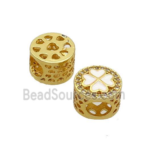 Copper Butter Beads Pave Zircon White Enamel Clover Large Hole Gold Plated