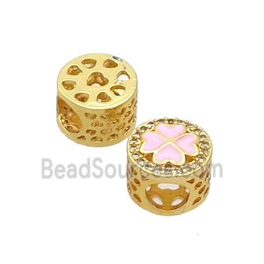 Copper Butter Beads Pave Zircon Pink Enamel Clover Large Hole Gold Plated