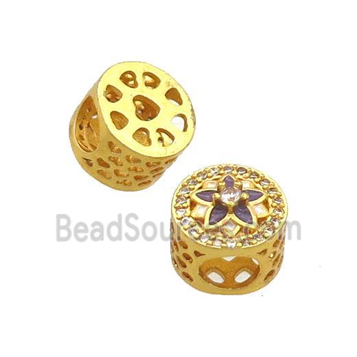 Copper Butter Beads Pave Zircon Purple Enamel Flower Large Hole Gold Plated