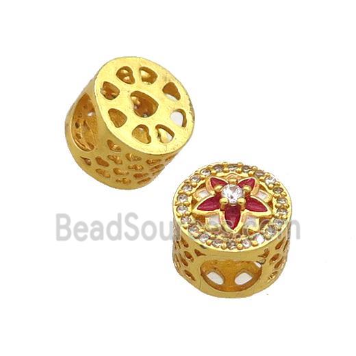 Copper Butter Beads Pave Zircon Red Enamel Flower Large Hole Gold Plated