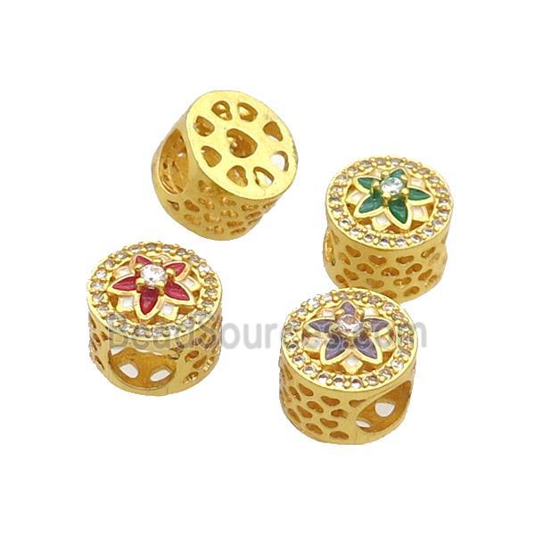 Copper Butter Beads Pave Zircon Mixed Enamel Flower Large Hole Gold Plated