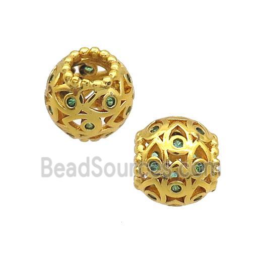 Copper Round Beads Pave Green Zircon Large Hole Gold Plated