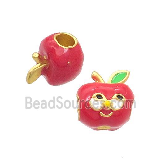 Alloy Apple Beads Red Enamel Large Hole Gold Plated