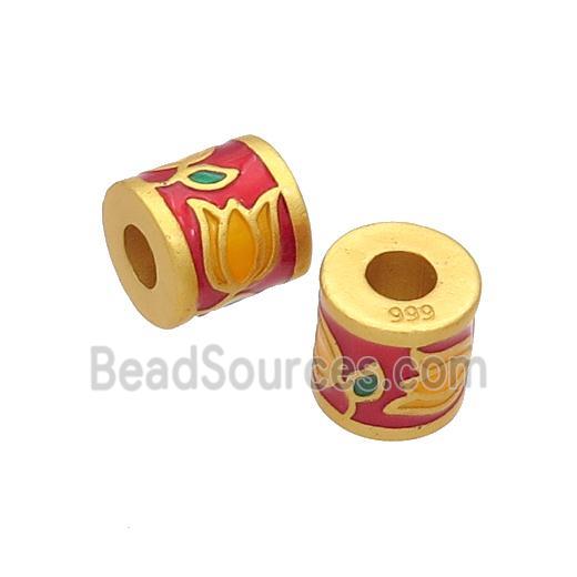 Copper Tube Beads Red Enamel Lotus Large Hole Unfade Gold Plated