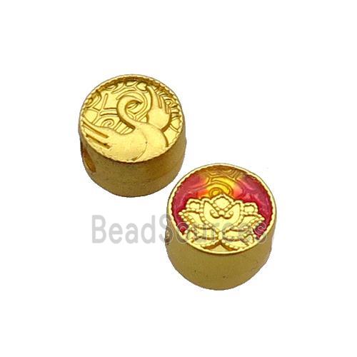 Copper Button Circle Beads Lotus Red Enamel Large Hole Unfade Gold Plated