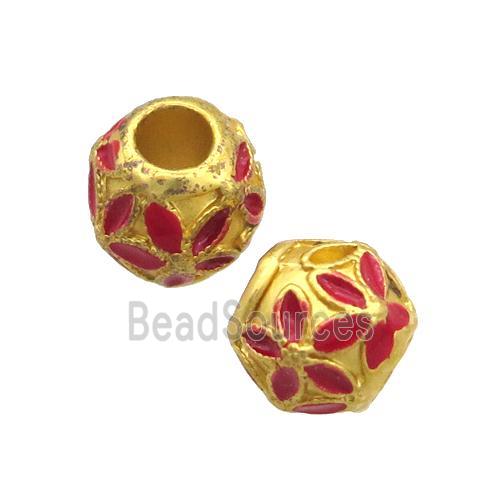 Copper Round Beads Red Enamel Flower Large Hole Unfade Gold Plated