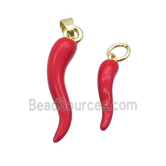 Copper Horn Pendant Red Enamel Chili Gold Plated