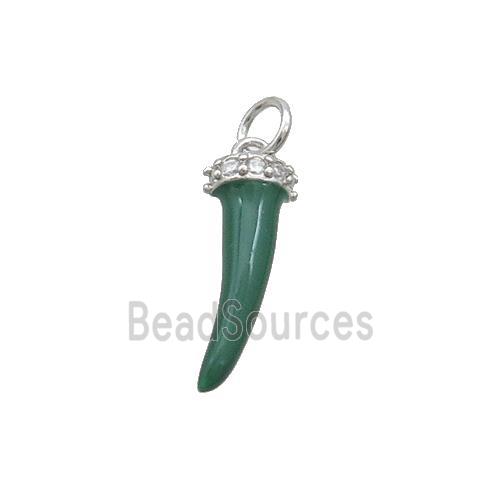 Copper Horn Pendant Green Enamel Platinum Plated