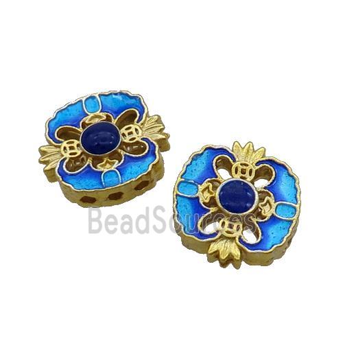 Copper Cloisonne Beads Square Blue 3holes Gold Plated