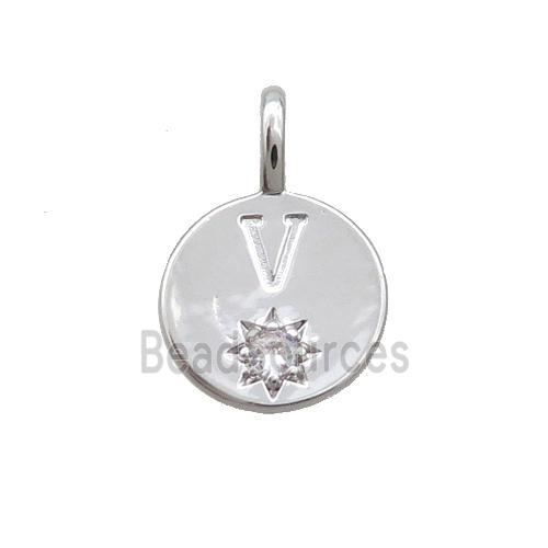 Copper Circle Pendant Pave Zircon V-letter Platinum Plated