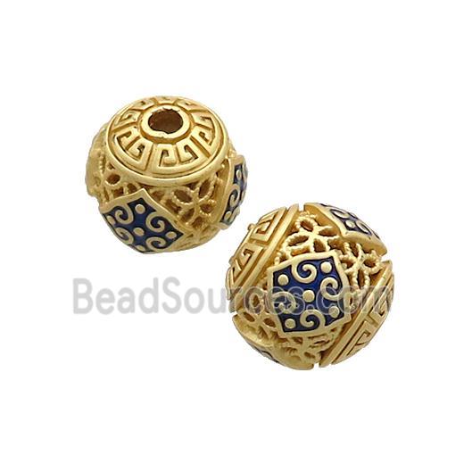 Copper Round Beads Blue Cloisonne Hollow Gold Plated