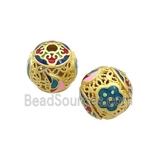 Copper Round Beads Blue Pink Cloisonne Hollow Gold Plated