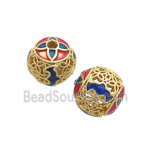 Copper Round Beads Red Blue Cloisonne Hollow Gold Plated