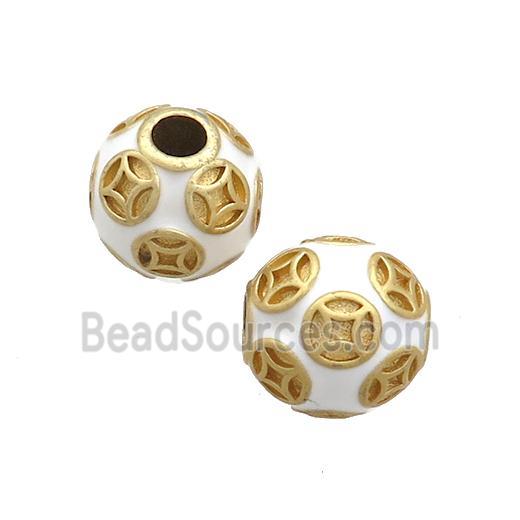 Copper Round Beads White Enamel Large Hole Gold Plated