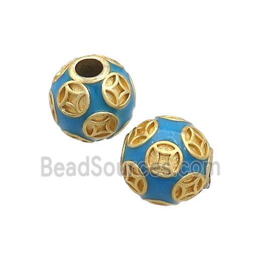 Copper Round Beads Blue Enamel Large Hole Gold Plated