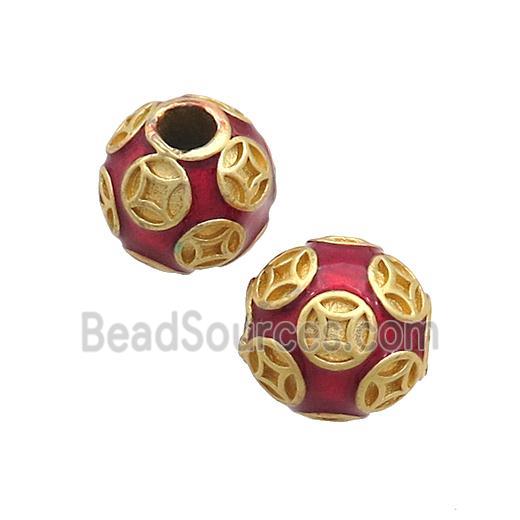 Copper Round Beads Red Enamel Large Hole Gold Plated