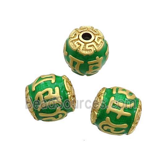 Tibetan Style Copper Round Beads Green Enamel Large Hole Gold Plated