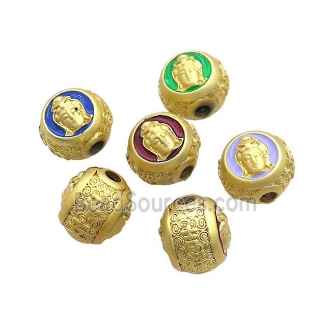 Copper Buddha Beads Enamel Large Hole Gold Plated Mixed Color