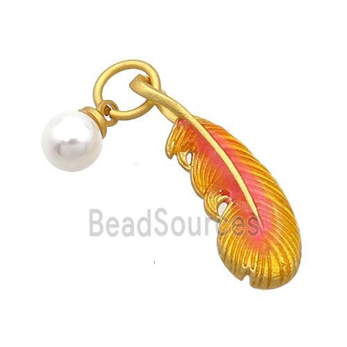 Copper Feather Pendant With Pearlized Plastic Orange Cloisonne 18K Gold Plated