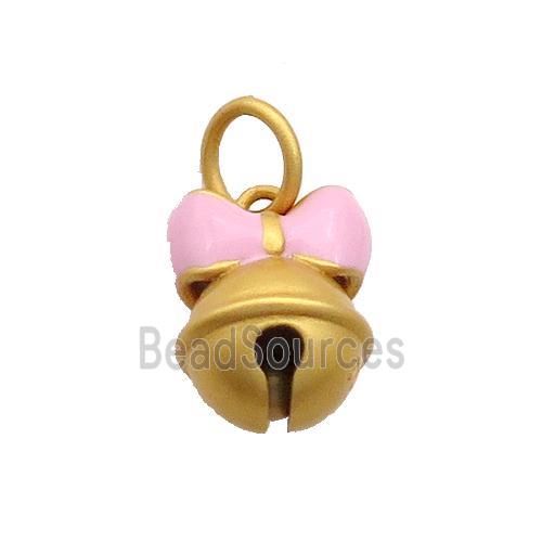 Copper Bell Pendant Pink Enamel Bowknot 18K Gold Plated