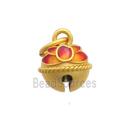 Copper Bell Pendant Orange Enamel 18K Gold Plated