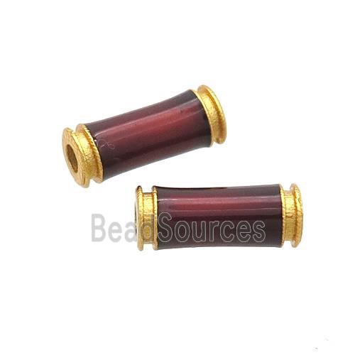 Copper Tube Beads DarkRed Enamel 18K Gold Plated