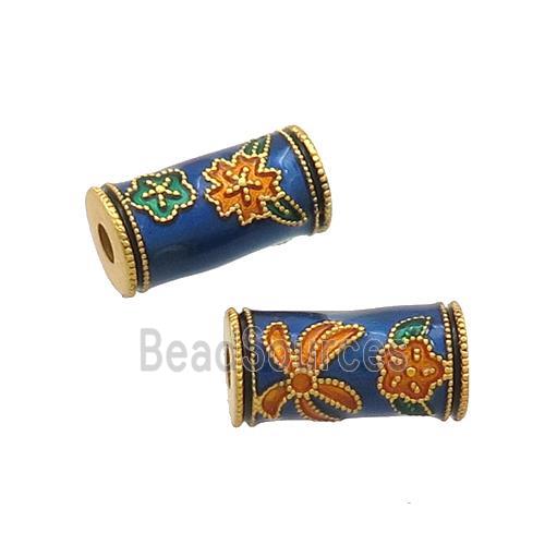 Copper Tube Beads Blue Cloisonne 18K Gold Plated