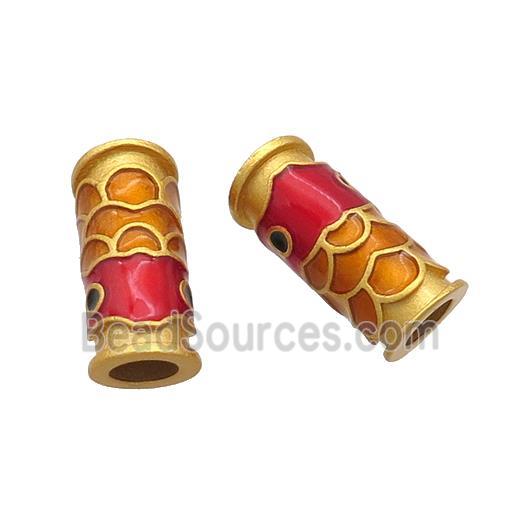 Copper Tube Beads Multicolor Cloisonne Fish Large Hole 18K Gold Plated