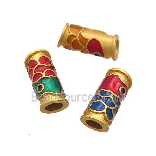 Copper Tube Beads Multicolor Cloisonne Fish Large Hole 18K Gold Plated Mixed