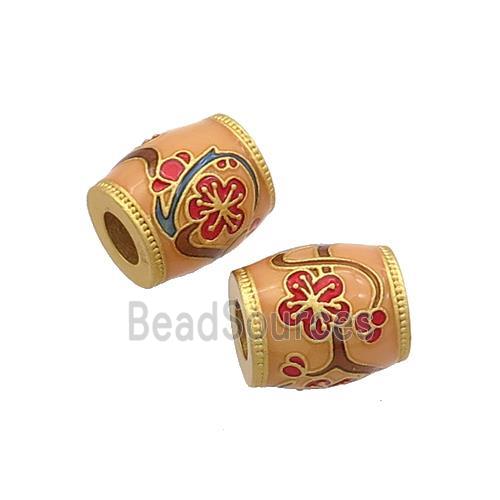 Copper Barrel Beads Peach Cloisonne Flower Large Hole 18K Gold Plated