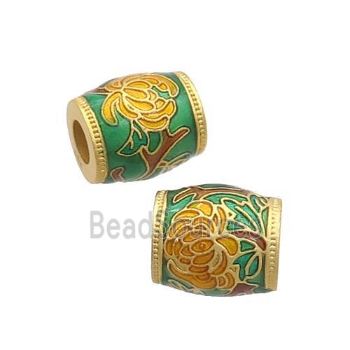 Copper Barrel Beads Green Cloisonne Flower Large Hole 18K Gold Plated