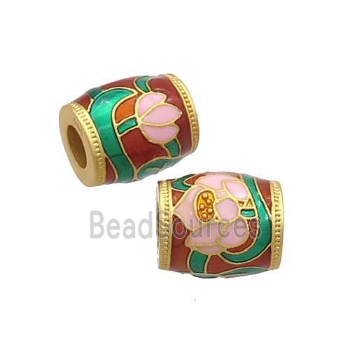 Copper Barrel Beads Cloisonne Flower Large Hole 18K Gold Plated