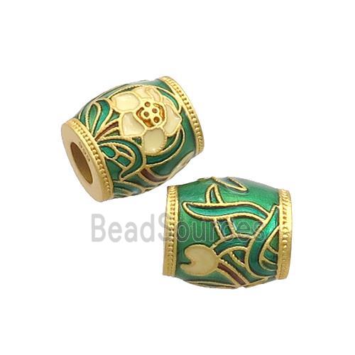 Copper Barrel Beads Green Cloisonne Flower Large Hole 18K Gold Plated