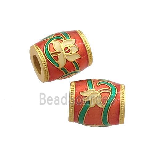 Copper Barrel Beads Red Cloisonne Flower Large Hole 18K Gold Plated