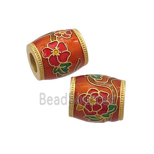 Copper Barrel Beads Red Cloisonne Flower Large Hole 18K Gold Plated