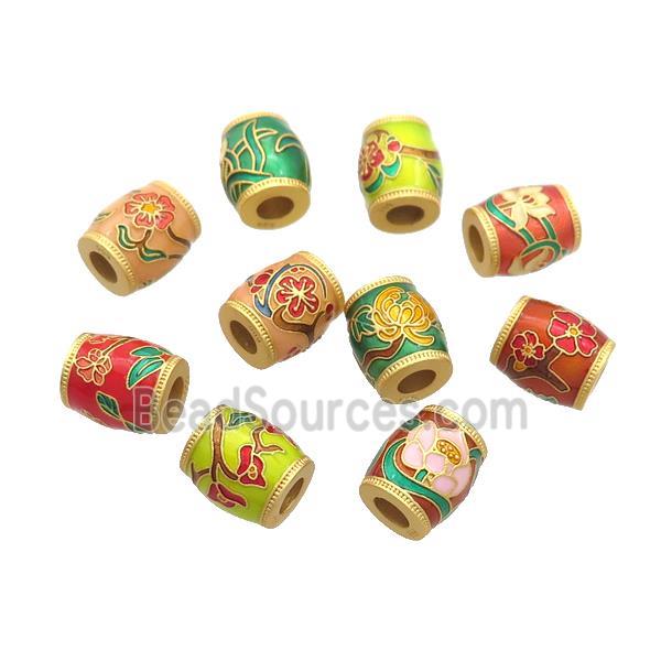 Copper Barrel Beads Cloisonne Flower Large Hole 18K Gold Plated Mixed