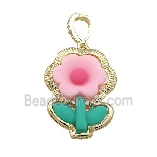 Pink Resin Flower Pendant Gold Plated