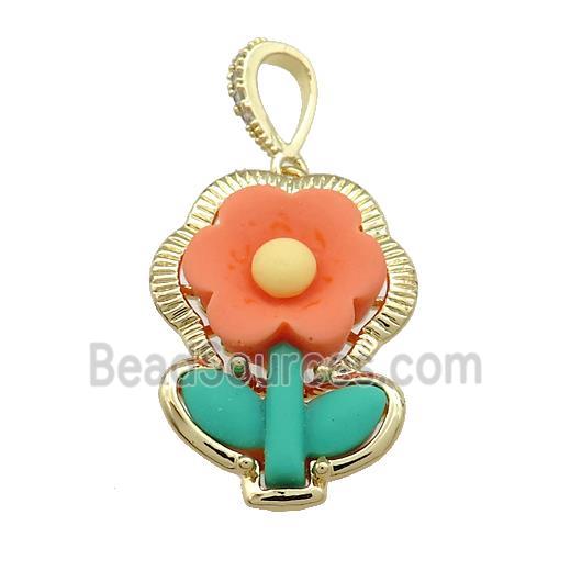 Orange Resin Flower Pendant Gold Plated