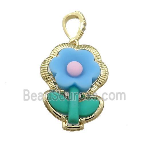 Blue Resin Flower Pendant Gold Plated