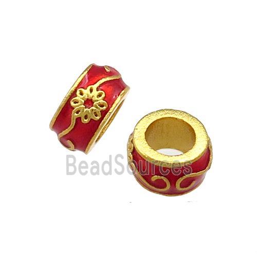 Copper Rondelle Beads Red Cloisonne Large Hole 18K Gold Plated