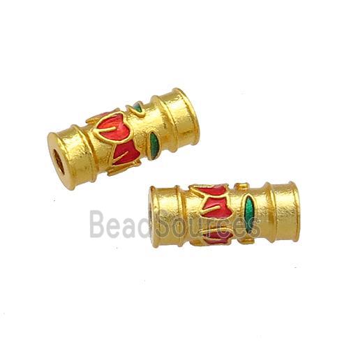 Copper Tube Beads Red Cloisonne 18K Gold Plated