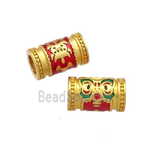 Copper Tube Beads Red Cloisonne Large Hole 18K Gold Plated