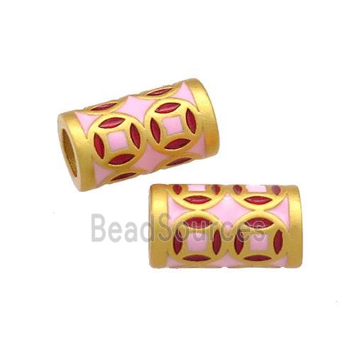 Copper Tube Beads Pink Cloisonne Large Hole 18K Gold Plated